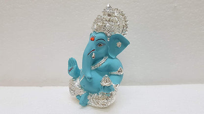 Gold Art India 999 Silver Plated Ganesh Idol for Car Dashboard God Ganesha Idol for Home Decor Ganpati for Gift 3.5 inches (Silver) (Silver Fountain Blue)