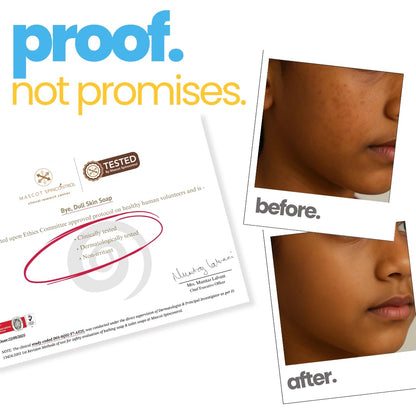 Before and after skin care product comparison with 'proof. not promises.' text.