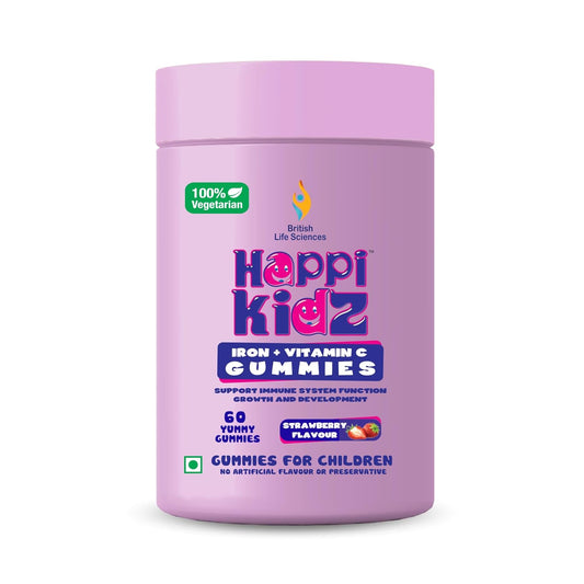 Purple container of Happi Kidz iron + vitamin C gummies on a white background