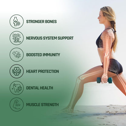 Woman exercising with dumbbells on a beach, health benefits listed on a green background