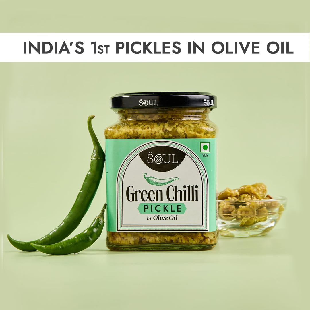 ADF Soul’s Spicy green chillies pickled in 100% Olive Oil with bold, tangy and traditional Indian spices | 265g