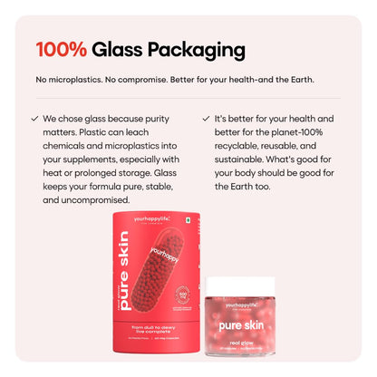 YourHappyPure pure skin supplement packaging with glass container on a light pink background