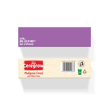 CEREGROW Multigrain Milk & Fruits Cereal | With Iron, Protein, Calcium | 19 Nutrients | 300g, Bag-in-box Pack