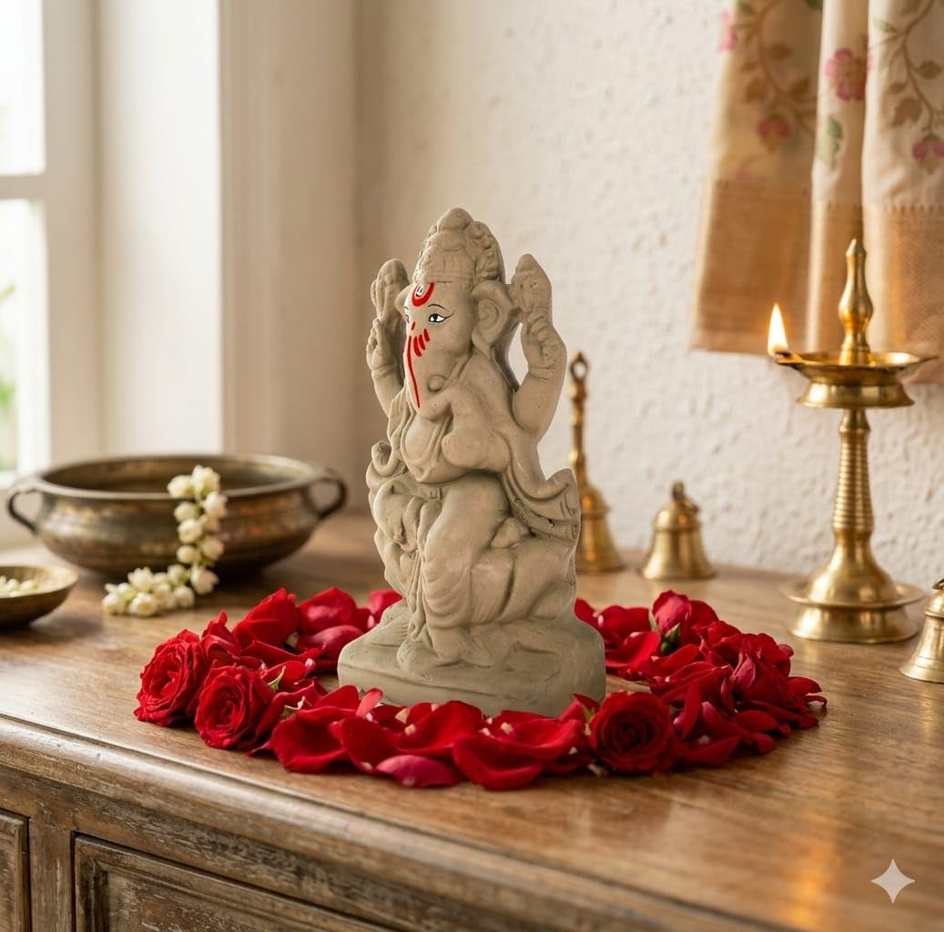 SAUDEEP INDIA 6 Inch Mitti Ganesh Idol | Eco-Friendly Handcrafted Mud/Clay Ganesh Murti | Ganpati Figurine for Visarjan | Biodegradable Lotus Ganesha Statue | Ganesh Chaturthi (Lotus Design)