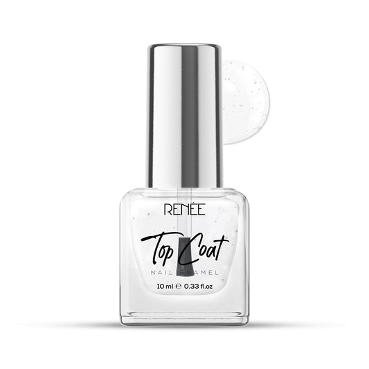 Nail polish bottle labeled 'Top Coat' by RENØE on a white background