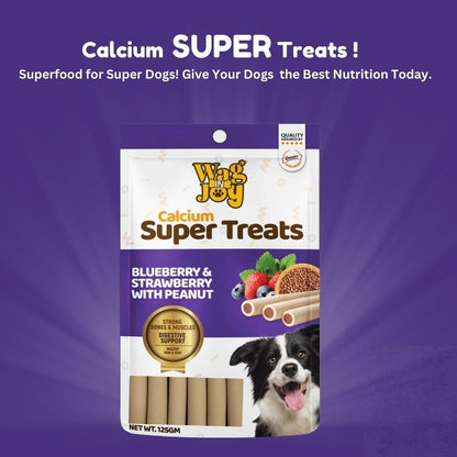 WAG IN JOY Calcium Super Treats Sticks 125 GMS | 100% Vegetarian Dog Treat|| Strong Bones and Joint| with Omega 3| Dog Food| Pack of 1|Blueberry & Strawberry with Peanuts|,Young