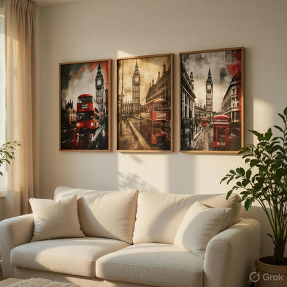 London City Wall Painting Set of 3 with Wooden Frames | Big Ben & Red Bus London Street Artwork HD Sparkle Laminated MDF Wall Decor | Modern Travel Wall Art for Living Room