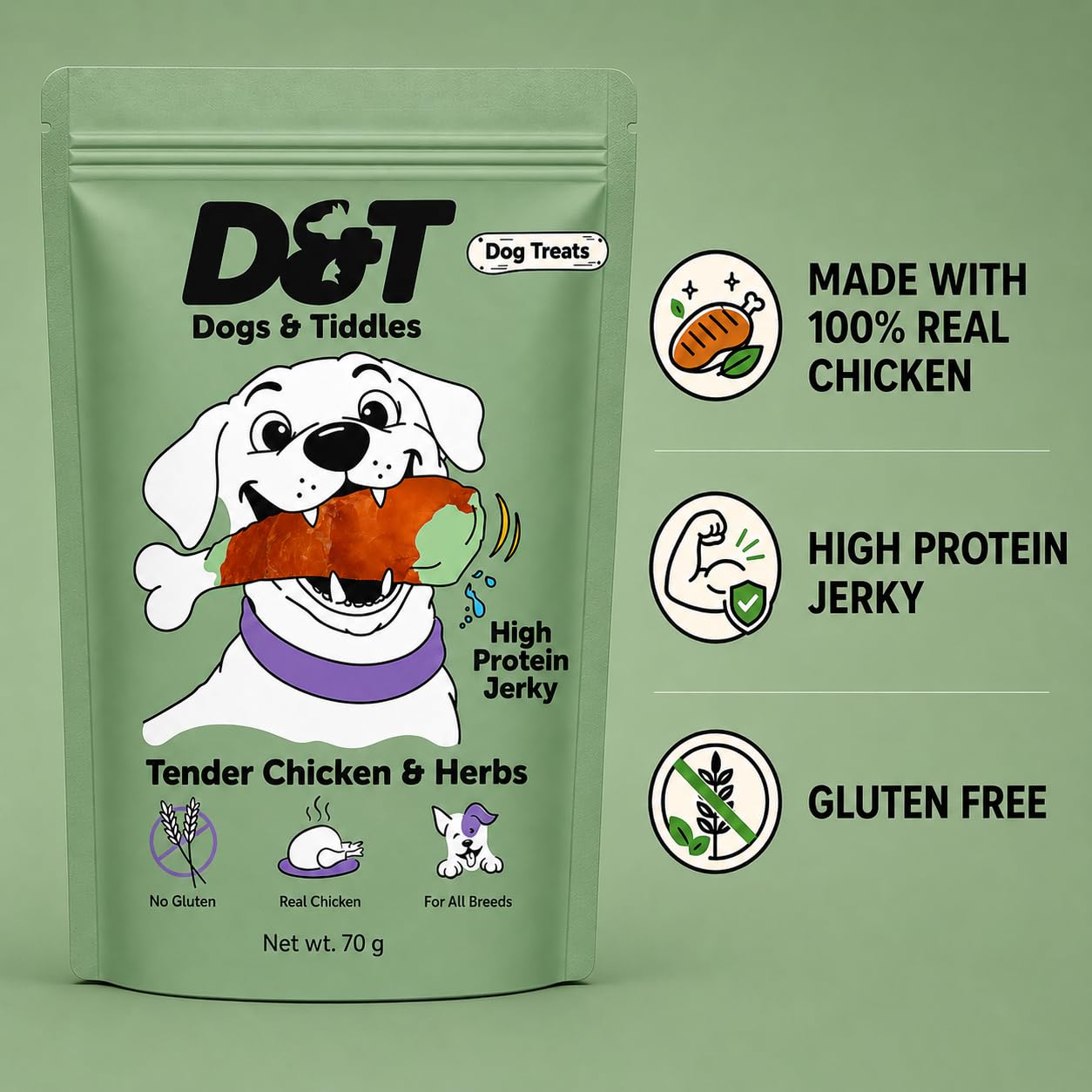 Dogs & Tiddles Tender Chicken & Herbs Jerky Dog Treats for Puppies & Adult Dogs, 70g | Soft & Chewy High-Protein Dog Snacks | Grain-Free Training Treats| Easily Digestible and Healthy
