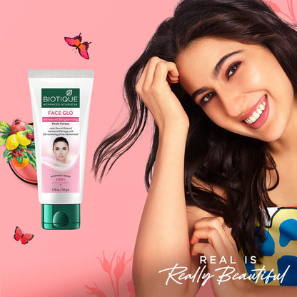 Woman with aBIOTIQUE Face Glo product on a pink background with decorative elements.