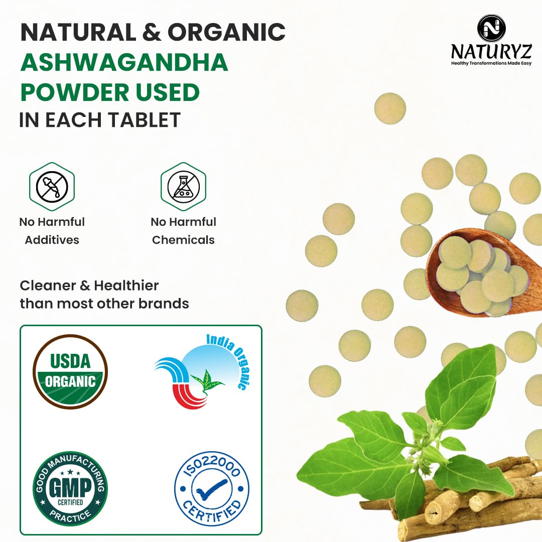 NATURYZ Organic Ashwagandha 1200mg Tablets | Stress Relief, Energy, Immunity & Muscle Recovery Support | For Men & Women | Vegan, Non-GMO, Gluten-Free | USDA Organic | 60 Veg Tablets