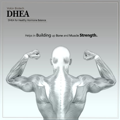 Advertisement for Vokin Biotech DHEA showing a muscular figure with text about hormone balance and muscle strength.