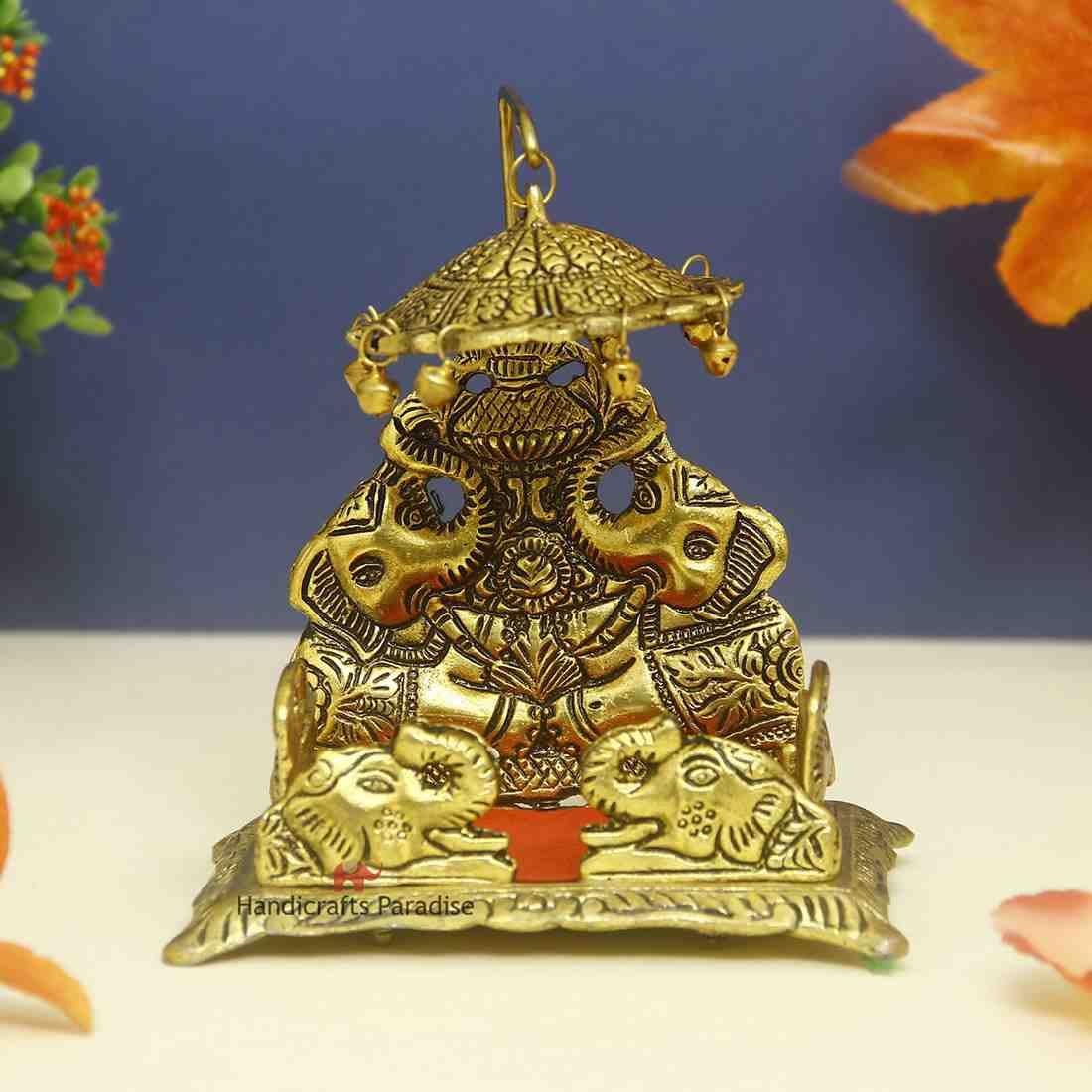 Metal Singhasan Traditional Deity Throne with Elephant Carving Antique Gold Finish & Red Velvet Cushion for Mandir& janmashtami - 6.5 Inch