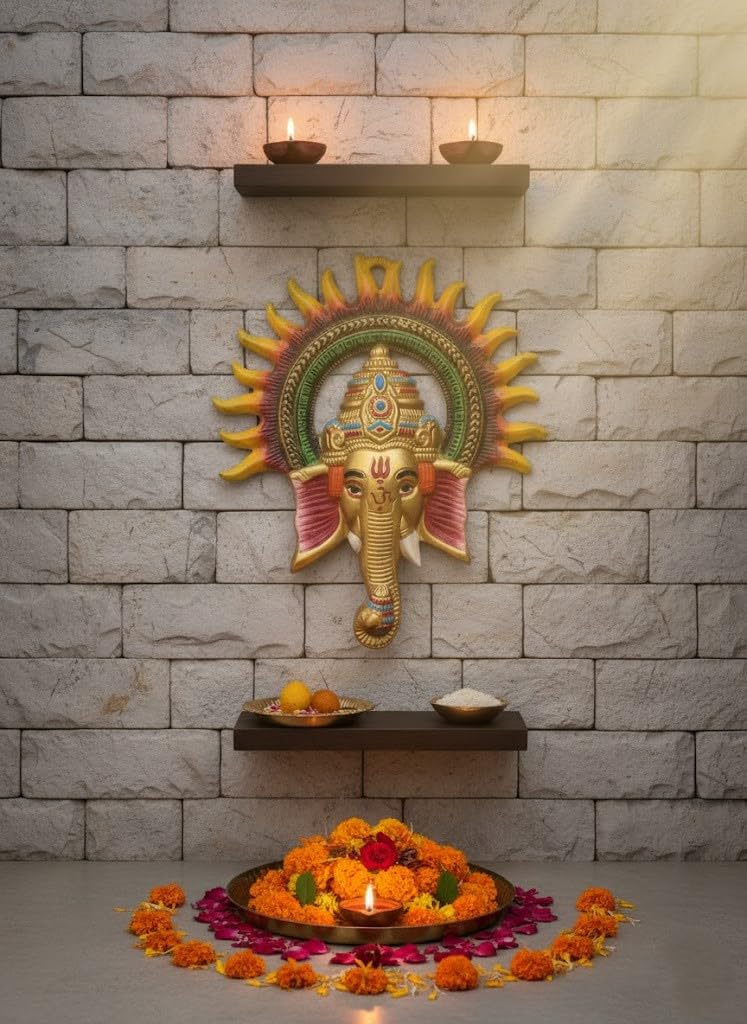 Traditional Handcrafted Ganesha Wall Decor, Metal Elephant God Sculpture with Sunburst Design, Gold and Multicolor, Religious Hindu Art