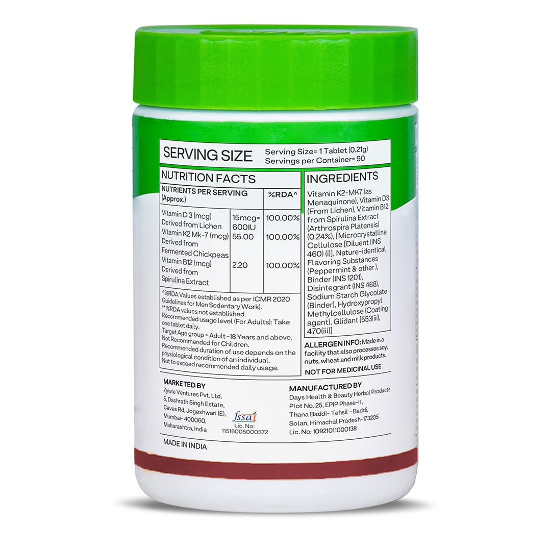 OZiva Vitamin D3, K2 & B12 | With Vitamin D3 For Stronger Bones, K2 (MK7) for Bone Density & B12 for Muscle Growth & Recovery - 90 Tablets