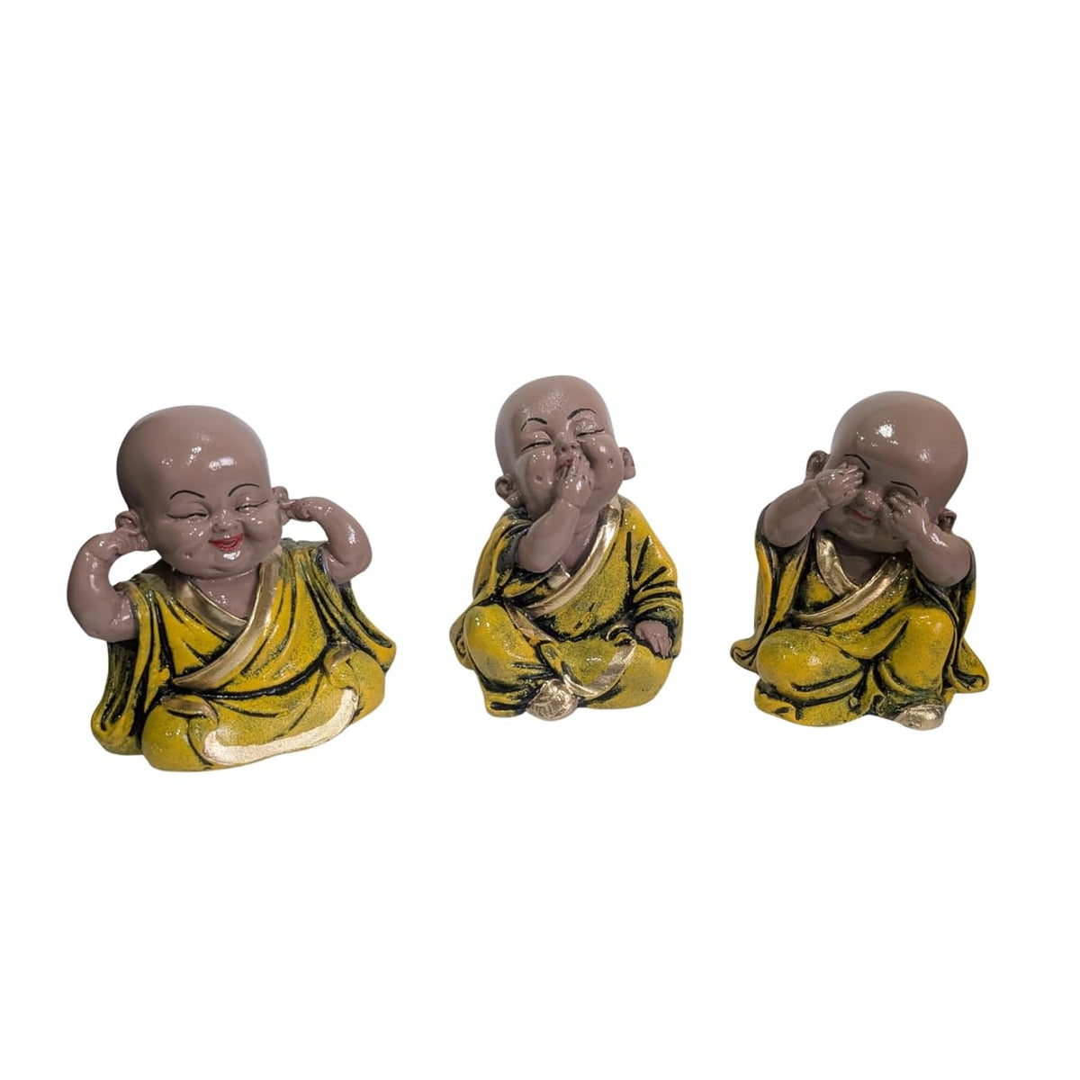 eCraftIndia Resin Yellow Think No Evil Speak No Evil Hear No Evil Set of 3 Cute Little Monk Buddha Statues Decorative Showpieces for Car Dashboard Home Office Desk Decor Gift Purpose