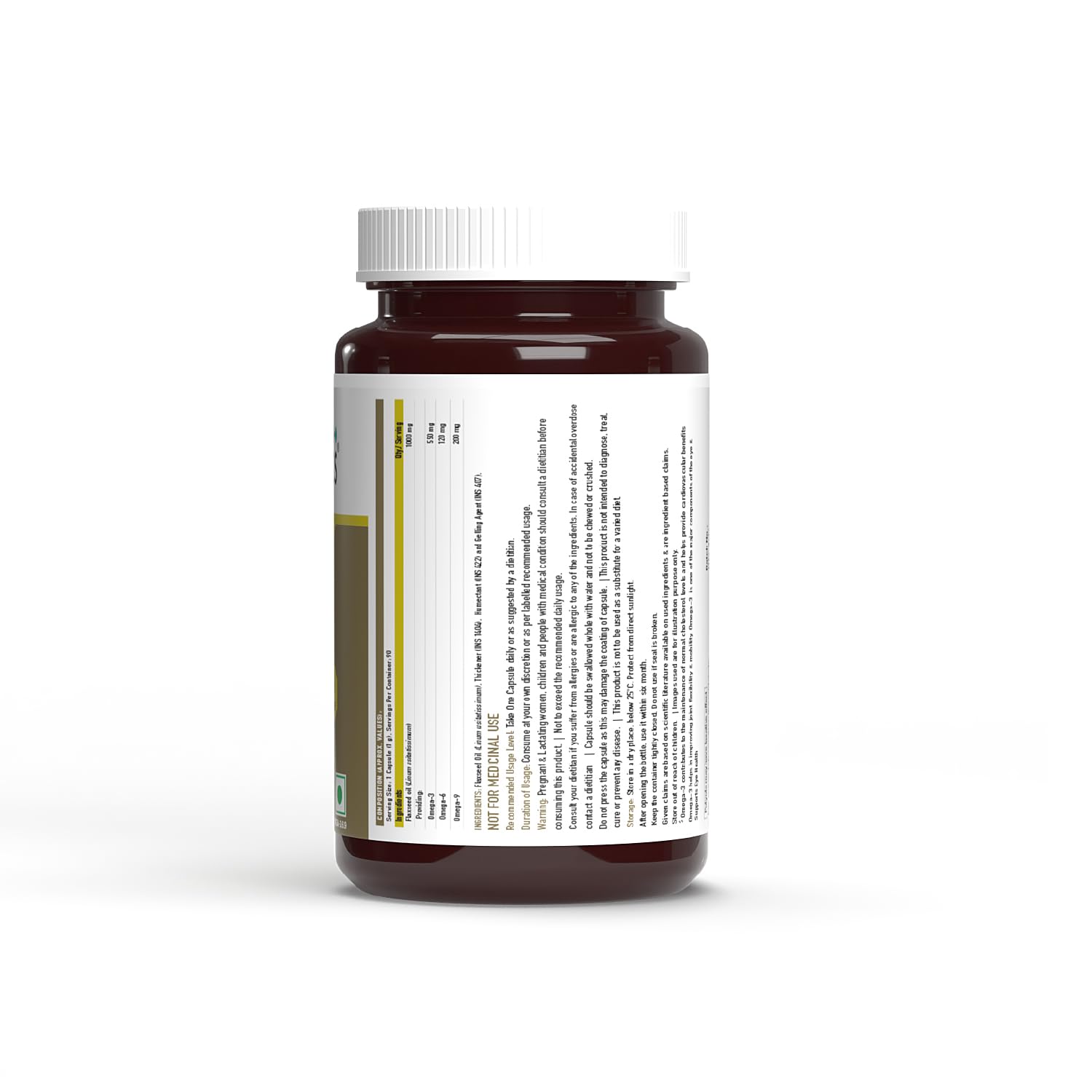 Brown supplement bottle with white label on a white background