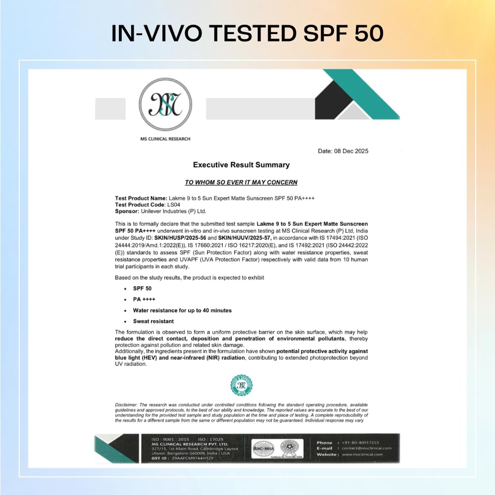 Executive Result Summary document for an in-vivo tested SPF 50 sunscreen product.