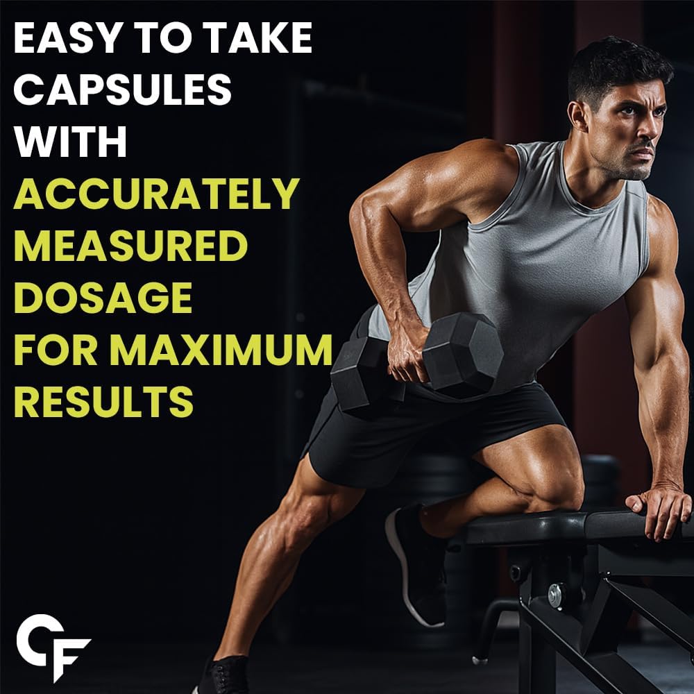 Man exercising with dumbbells on a dark background with text about capsules and dosages.