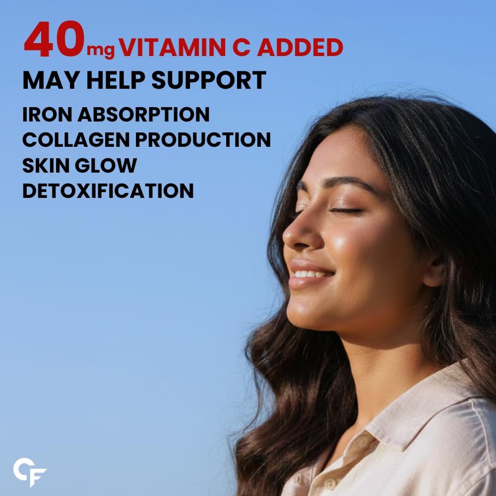 Woman with text about vitamin C benefits on a blue background