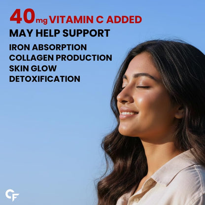 Woman with text about vitamin C benefits on a blue background