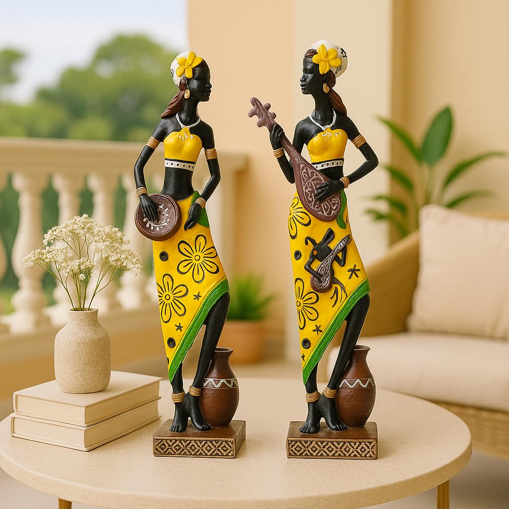 Resin African Girl with Musical Instruments| Captivating Home Décor - (Pack of 2, Yellow & Black- Model 1, Large)