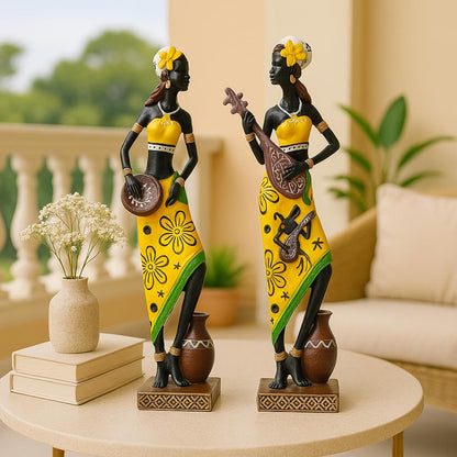 Resin African Girl with Musical Instruments| Captivating Home Décor - (Pack of 2, Yellow & Black- Model 1, Large)