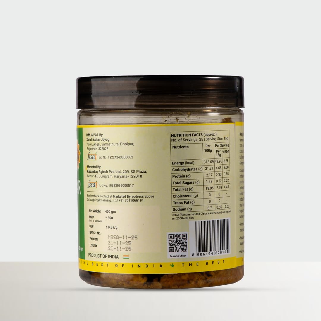 Rajasthani Mango Pickle 400GM | Natural Sun Dried | No Vinegar or Preservatives Homemade Traditional Indian Achaar | Less Oil home made Pickle in fresh | Sukha Aam Ka Achaar