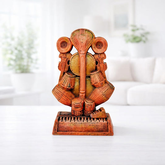 Ganesha Idol for Home Decor | Handmade Terracotta Ganpati Statue with Musical Instruments | Ganesh Murti for Office, Living Room & Gift | Krishnanagar Clay Art