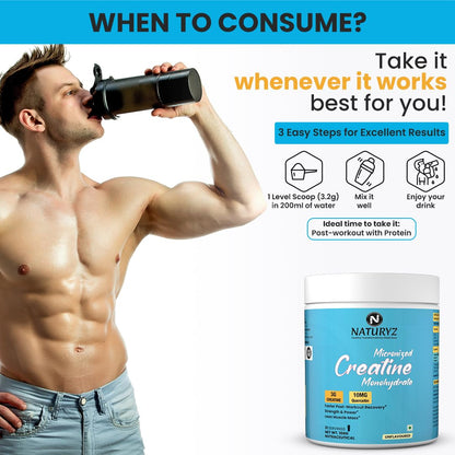 Man drinking from a supplement shaker with Naturyz Creatine Monohydrate container and usage instructions.