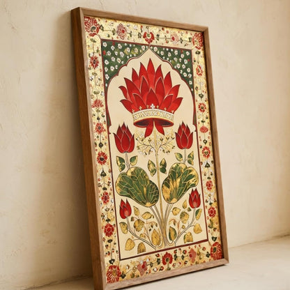Royal Lotus Floral Wall Painting with Wooden Frame | Traditional Lotus Artwork HD UV Laminated MDF Wall Decor | Elegant Botanical Lotus Art for Living Room Bedroom Home Decor 13.5 Inch x 19.5 Inch