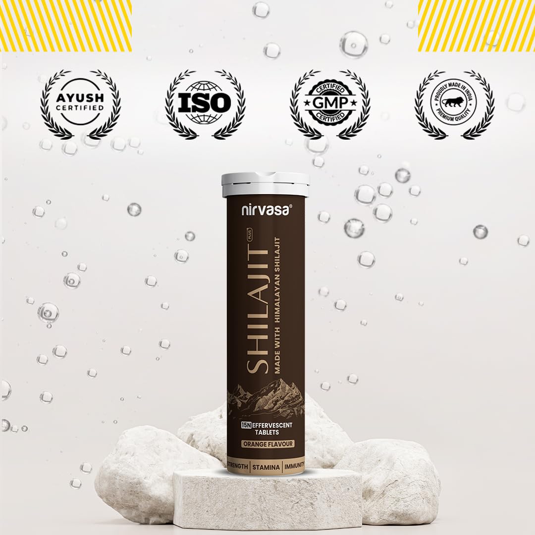 Nirvasa Shilajit Plus Effervescent Tablets (15 Tab) | Boosts Strength, Stamina, Energy & Performance | Supports Muscle Recovery, Endurance & Vitality | with 5 Powerful Herbs | Orange Flavour