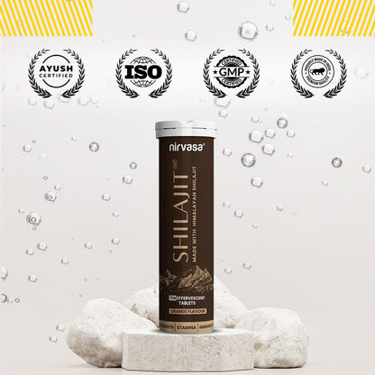 Nirvasa Shilajit Plus Effervescent Tablets (15 Tab) | Boosts Strength, Stamina, Energy & Performance | Supports Muscle Recovery, Endurance & Vitality | with 5 Powerful Herbs | Orange Flavour
