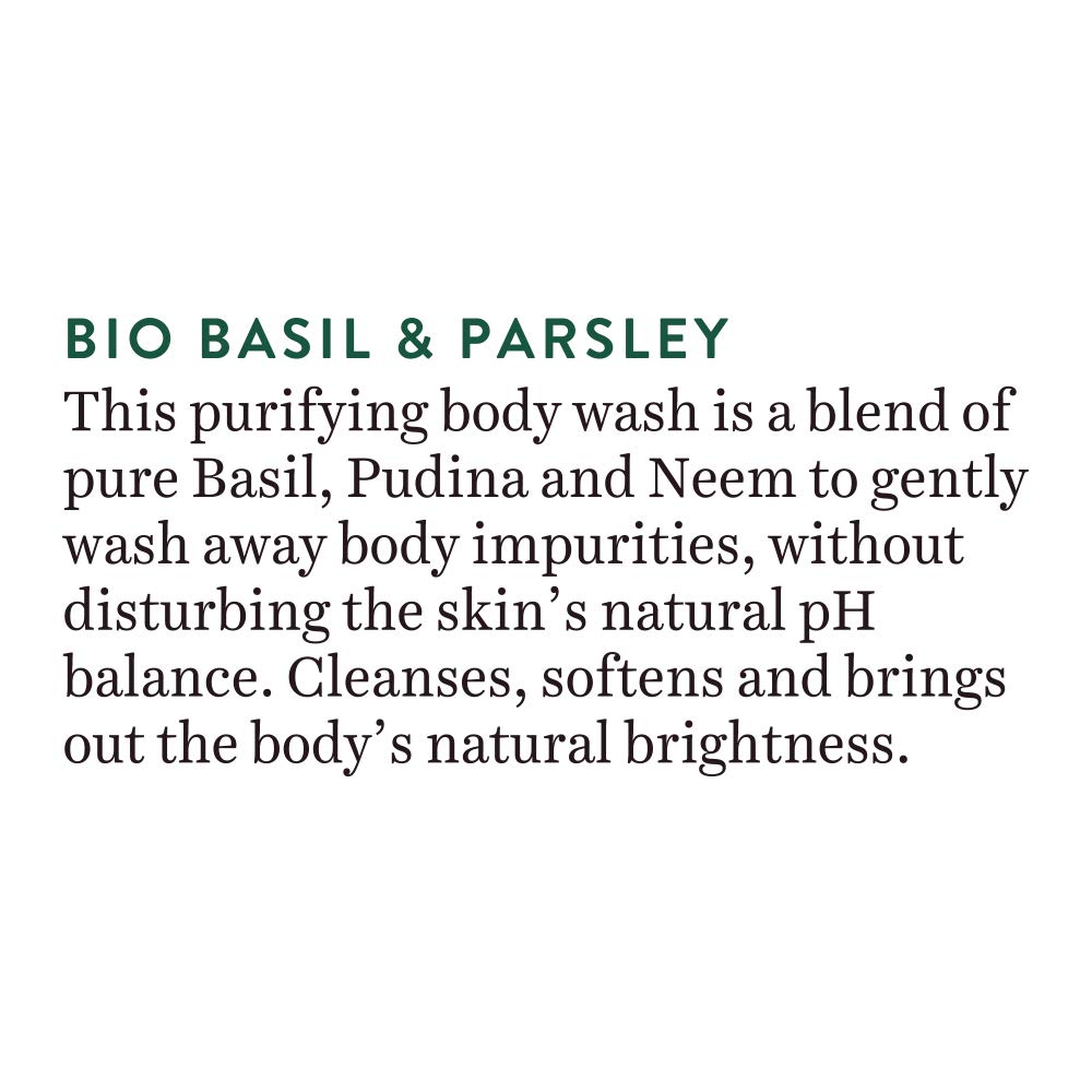 Text description of a purifying body wash with basil, pudina, and neem on a white background