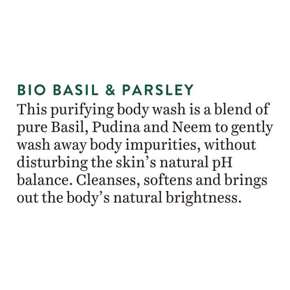 Text description of a purifying body wash with basil, pudina, and neem on a white background