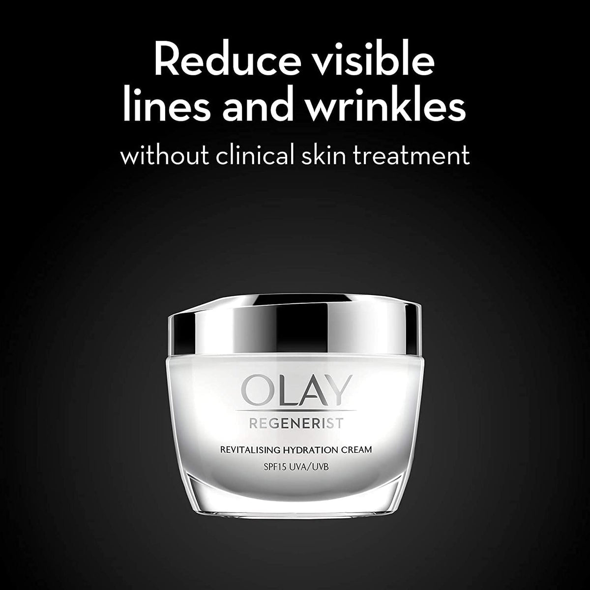 Olay Regenerist cream jar with text on a black background
