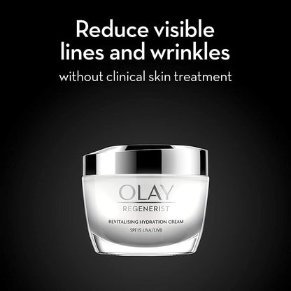Olay Regenerist cream jar with text on a black background