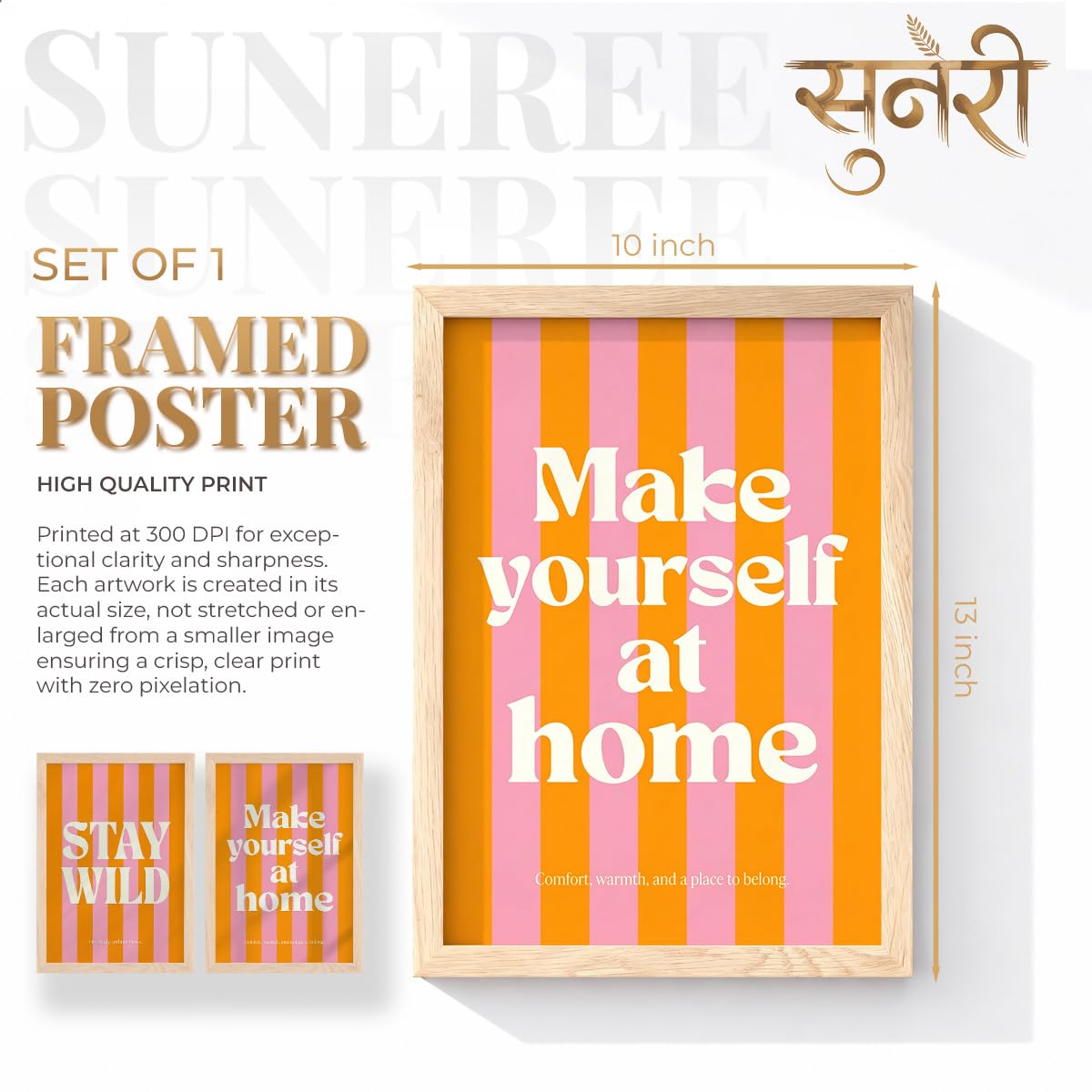 Stay Wild Make Yourself At Home Wall Art Set of 2 Framed Paintings | Orange Pink Retro Typography Poster | Bedroom Living Room Home Décor (Art 8, 10x13 Inches)