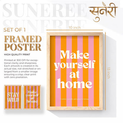 Stay Wild Make Yourself At Home Wall Art Set of 2 Framed Paintings | Orange Pink Retro Typography Poster | Bedroom Living Room Home Décor (Art 8, 10x13 Inches)