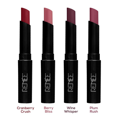 RENEE Very Matte Pack of 4 Matte Lipsticks - Berries, Intense Color Pay Off, Full Coverage, Long Lasting & Weightless, Easy Glide Formula With Velvety Finish, Suitable for All Occasion & Gifting