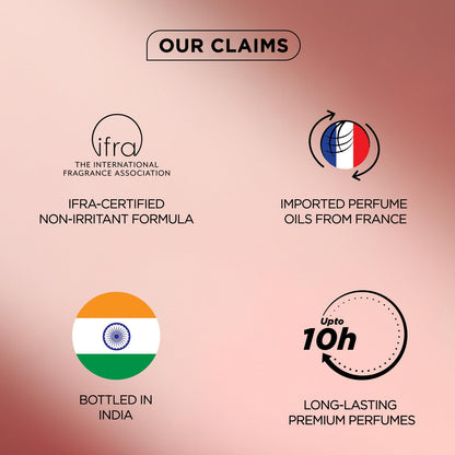 Promotional graphic with claims about perfume quality and origin on a pink background