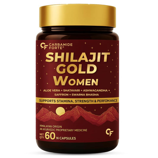 Shilajit Gold Women supplement bottle with gold cap on a white background