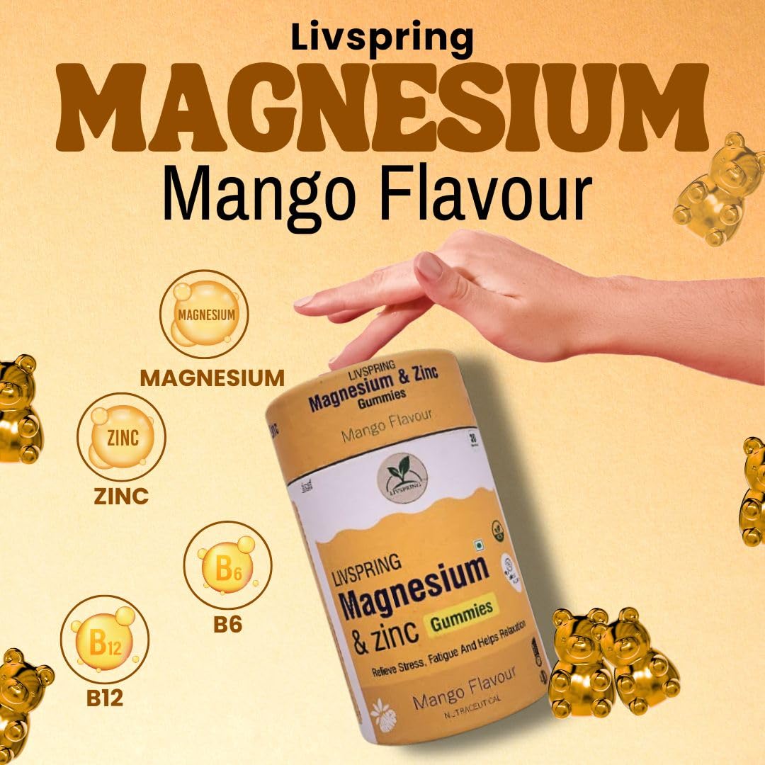 LivSpring Magnesium & Zinc Gummies | 200 mg Elemental Magnesium | Relieve Stress & Fatigue | Speeds Up Recovery for Men & Women | High Absorption | 30 Gummies in Tasty Mango Flavour | No Added Sugar | 100% Vegetarian