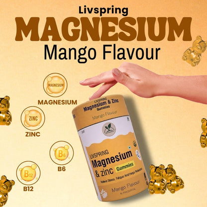 LivSpring Magnesium & Zinc Gummies | 200 mg Elemental Magnesium | Relieve Stress & Fatigue | Speeds Up Recovery for Men & Women | High Absorption | 30 Gummies in Tasty Mango Flavour | No Added Sugar | 100% Vegetarian