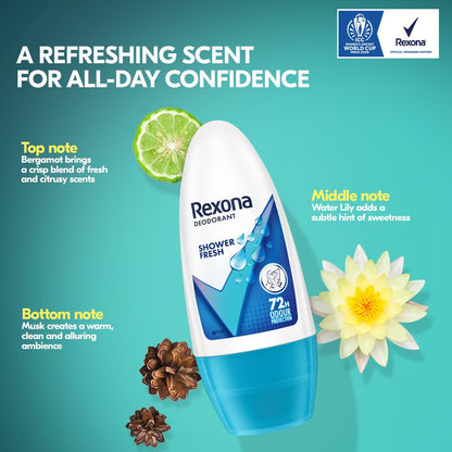Rexona Shower Fresh Underarm Roll On Deodorant For Women, Antiperspirant, Removes Odour, Keeps Skin Fresh & Clean, Alcohol Free, Skin Friendly, 50 ml
