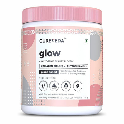 Cureveda glow beauty protein powder container with pink and white design