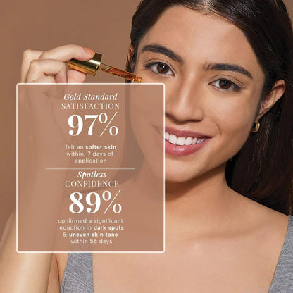 Woman holding a skincare product with text about skin improvement percentages on a brown background