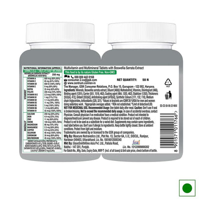 Centrum Adults 50+ Multivitamin Tablet for Men & Women|With 23 Vital Nutrients including Zinc,Magnesium, Vitamin B,C,D, Calcium for Energy, Strong Joints, Immunity and Heart Health|Veg - 50 tablets