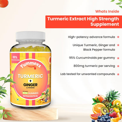 Yummeez Turmeric + Ginger supplement bottle with product details on a light background