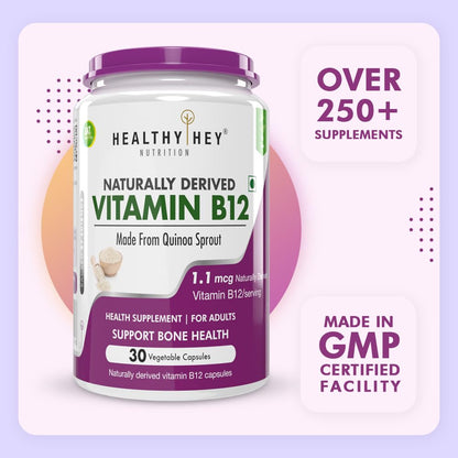 Vitamin B12 supplement container with 'Healthy Hey' branding on a light purple background