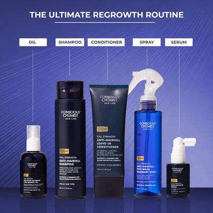 Collection of hair care products including oil, shampoo, conditioner, spray, and serum on a blue background.